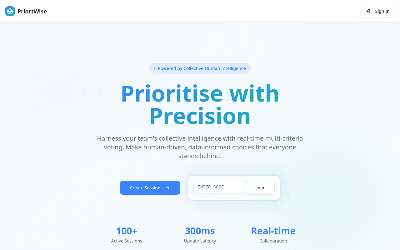 Priortwise home screen showing real-time multi-criteria voting and a session join code